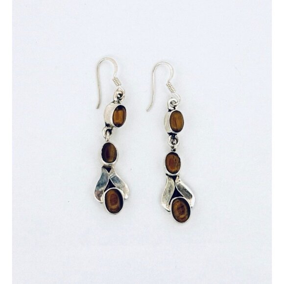 925 Sterling Silver Drop Dangle Earrings with Tiger's Eye Gemstones, Hook Back - Picture 1 of 11